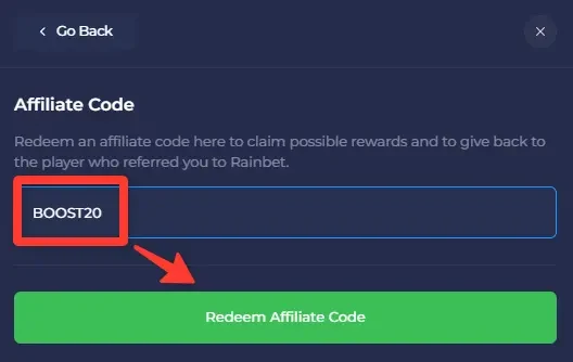 Rainbet Affiliate Code field with BOOST20 typed in and the green Redeem Affiliate Code button below it