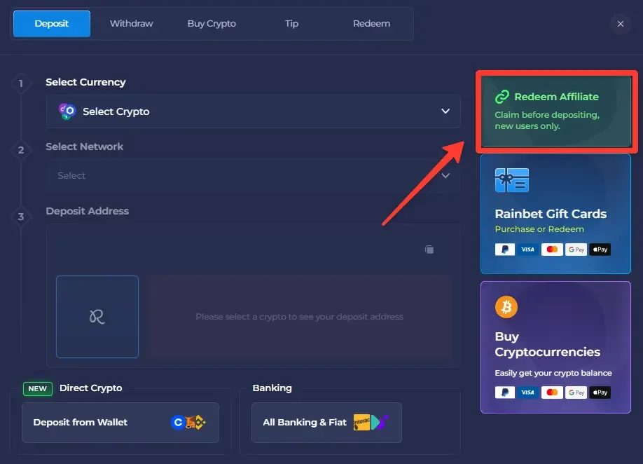 Rainbet Deposit window in Canada with the green Redeem Affiliate card highlighted on the right side