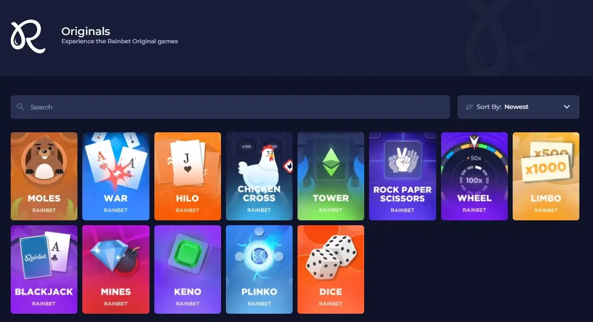 Rainbet Originals lobby showing in-house games including Moles, War, Hilo, Chicken Cross, Tower, Wheel, Limbo, Blackjack, Mines, Keno, Plinko and Dice
